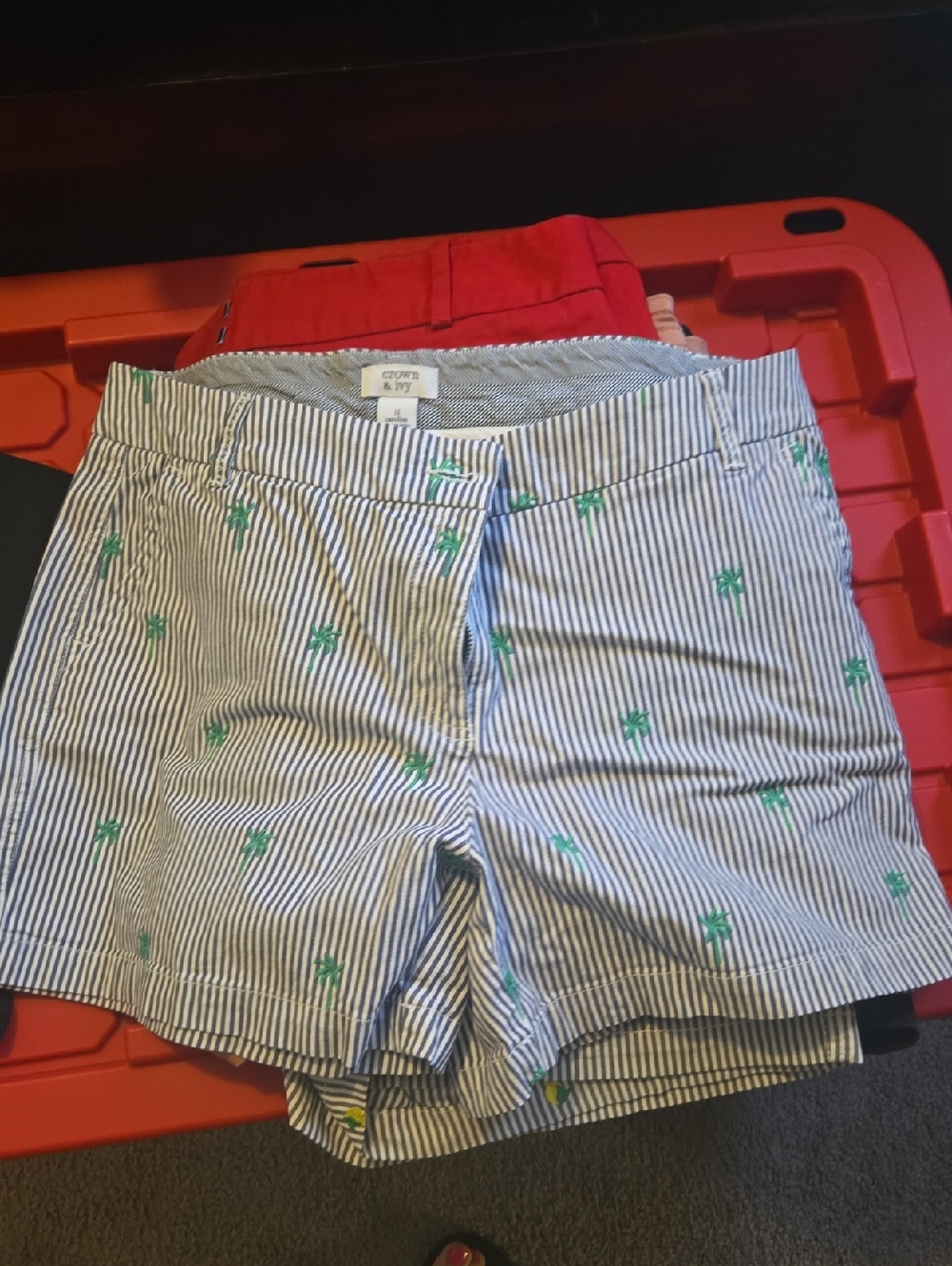 crown & ivy Navy and White Striped Shorts with Green Embroidery